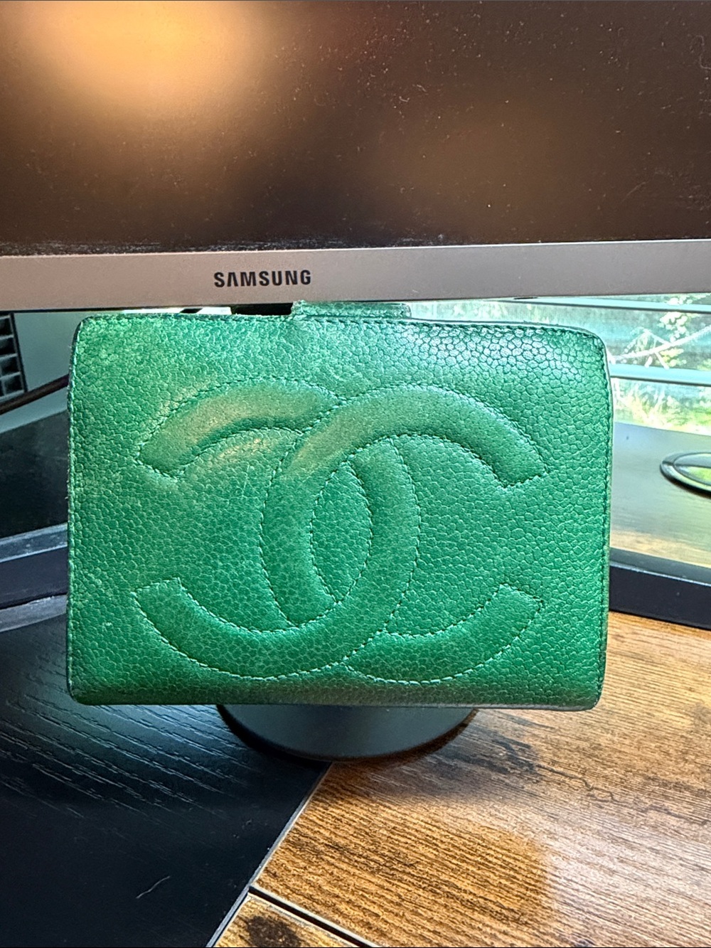 CHANEL Green Quilted CC Leather Wallet